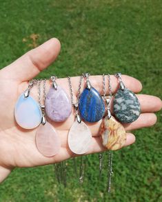 🌿Welcome and greetings friend🌿  For our latest treasure finds and new crystal arrivals, follow us @abundantsoulcrystals on Instagram  🌿 This listing is for ONE crystal drop necklace similar to photo. Each piece has color variation but all are lovely. Available in rose quartz, opalite, clear quartz, lapis lazuli, moss agate, crazy lace agate and lepidolite. Please use drop-down menu to make desired selection.  🌿 Measurements are approximate:  22 inch silver plated chain 2 inch pendant Please remove when swimming or bathing Super Cute! 🌿 Kindly double check the address you have listed for delivery as that is the one I use for shipping. If your address has changed please send me a message with your order and I will update. I can not ship a replacement item or issue refunds for incorrect Spiritual Gemstone Teardrop Pendant Crystal Necklaces, Spiritual Teardrop Gemstone Crystal Necklace, Bohemian Teardrop Crystal Healing Necklace, Bohemian Teardrop Crystal Necklace For Healing, Teardrop Gemstone Necklaces For Healing, Spiritual Teardrop Pendant Crystal Necklaces With Natural Stones, Healing Teardrop Crystal Necklace With Natural Stones, Rose Quartz Pendant Necklace With Natural Stones, Rose Quartz Pendant Crystal Necklace With Natural Stones