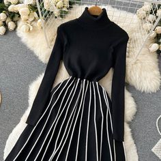 DETAILS: Please refer size chart before choosing Fit & flare silhouette Elastic waist Turtle neck Stretchable SIZE CHART: Size M-US(4-8)- Bust: 31.5"-36" Waist: 27.5"-32" Length: 40.5" Shoulder: 12.5" Sleeve: 22" Size L-US(8-10)- Bust: 32"-37" Waist: 28.5"-33" Length: 41" Shoulder: 12.5" Sleeve: 22" *Take 'US' size from the above size chart & compare it with the below chart for conversion Fitted Black Sweater Dress For Spring, Black Ribbed Winter Dress, Black Long Sleeve Ribbed Midi Dress, Black Ribbed Long Sleeve Midi Dress, Black Midi Sweater Dress For Winter, Black Fit And Flare Dress With Long Sleeves, Black Fitted Turtleneck Midi Dress, Black Turtleneck Dress For Party, Black Turtleneck Party Dress