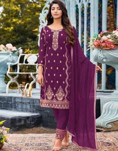 Purple Heavy Fox Georgette Pant Suit Purple Embroidery Thread Work:Arabic Attire #buywomen'ssuitsonline #latestindiansalwarkameez #indianladiessuitdesign #salwarkameezpattern #newsalwarkameez #goldsuitwomens #ladiespantsuitdesigns #newstylesalwarkameez #longsalwarkameezdesigns #cheapsalwarkameezonlinefreeshipping #salwarkameez. #indiansalwarkurta #indianfashionsalwarkameez #latestsalwardesigns #mirrorindianclothes #jacketdesignforladiessuit #indiasuit #salwartops #suitsindia Wine Pants, Suit Purple, Purple Embroidery, Celana Fashion, Purple Bottom, Pakistani Designer Clothes, Suit Salwar, Georgette Dupatta, Pink Bottom