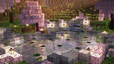 Cave Pond Minecraft, Sakura Pond Minecraft, Mc Pond Ideas, Cute Minecraft Staircase, Panda Habitat Minecraft, Cherry Blossom Dock Minecraft, Cherry Blossom Pathway Minecraft, Cherry Blossom Fountain Minecraft