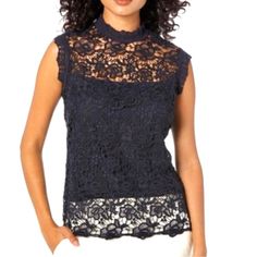 Nanette Lepore Lace Top Navy Blue Sleeveless Exposed Brushed Gold Center Back Zipper Crochet Lace Arm & Neck Trim Large New With Tag Sleeveless Blue Lace Tops, Blue Lace Sleeveless Tops, Elegant Blue Lace Top For Summer, Elegant Blue Lace Top, Chic Blue Lace Top, Elegant Blue Spring Tank Top, Elegant Blue Tank Top For Spring, Elegant Blue Sleeveless Blouse, Chic Blue Lace Top For Summer