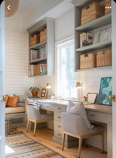 Home Office With Shelving, Two Twin Beds With Desk, Home Office Homework Room, Desk In Open Concept Living Room, Attic Homeschool Room, Built In Desk With Window, Bookshelf In Dining Room Ideas, Homeschool Nook Spaces, Homeschool Room Decorating Ideas