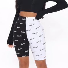 Fashion Nova Baddi B / Baby Girl Bike Shorts Black & White White Stretch Biker Shorts For Streetwear, Trendy White Biker Shorts, White Cotton Biker Shorts, Trendy White Streetwear Shorts, Black Biker Shorts With Letter Print, Stretch Cotton White Biker Shorts, Trendy White Biker Shorts For Summer, Trendy White Cotton Biker Shorts, White Stretch Cotton Biker Shorts