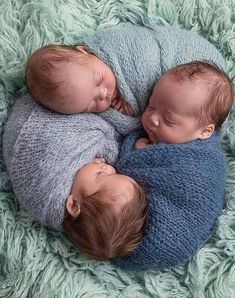 three newborn babies are curled up in a ball on a green blanket, with their heads resting on each other