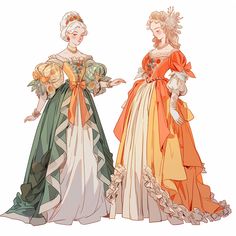 two women in dresses with bows on their head and one wearing an orange dress, standing next to each other