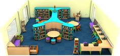 an aerial view of a library with tables and bookshelves