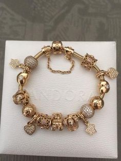 Pandora Gold!! Charm Bracelet Gold Jewellery, Good Pandora Bracelet, Pandora Jewelry Gold, Gold Bracelet Pandora, Good Charm Bracelet, Pandora Gold Jewelry, Gold Pandora Bracelet Charms