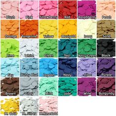 different colors of paper confetti with the names and numbers on each one side