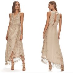 Nwot Love Sam Layla Fringe Wrap Dress In Antique Sand. Features V-Neck, Inside Button Closure, Outside Tie Wrap, Tassel Fringe Detail, Floral Embroidery, Sleeveless, Back Button Closure Ans Cut Out, Asymmetrical Hem, And Midi Length. Lined. New Without Tags. Label Tag Flaw. 70% Cotton, 30% Silk. Tags: Boho, Bohemian, Revolve, Embroidered, Tan, Beige, Chest: 15.5” Waist: 12” Length: 56” (Measurements Approx.) Reposhing This Item I Purchased From @Reclothcollect. Loved It, But Didn't Fit. Chic Embellished Embroidered Dress For Summer, Bohemian Maxi Dress With Floral Embroidery For Party, Spring Maxi Dress With Intricate Embroidery For Party, Spring Party Maxi Dress With Intricate Embroidery, Beige Intricately Embroidered Summer Dress, Beige Summer Dress With Intricate Embroidery, Bohemian Beige Dress For Date Night, Beige Bohemian Dress For Date Night, Embroidered Maxi Dress For Summer Party