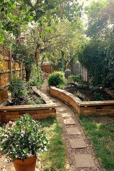 an outdoor garden with stone walkways and plants