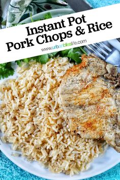 instant pot pork chops and rice on a plate with parsley garnish