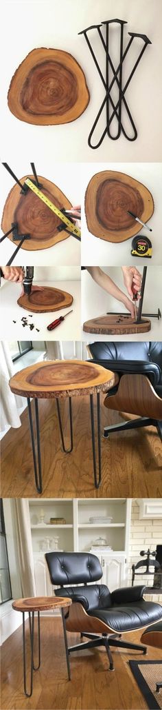 three pictures of different tables and chairs with wood slices on them, one is made out of