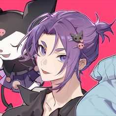 two anime characters one with purple hair and the other with black cats on her head