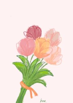 I drew this pic myself not that cute but hope you like that 💚🐸 Flowers Tulips Drawing, Tulips Flowers Drawing, Cute Drawing Flowers, Aesthetic Flower Drawing, Flowers Animation, Tulip Flower Drawing