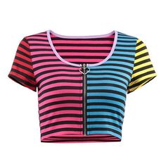 Zip Up Crop Top, Girls Streetwear, Belly Shirts, Streetwear Girl, Mode Chanel, Neon Stripes, Summer Stripes, Cropped Tops, Striped T Shirt