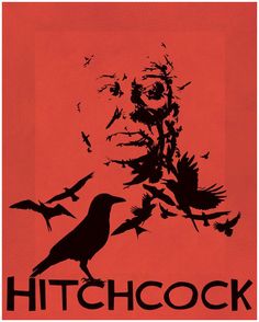 a flock of birds flying around a tree with the word hitcock on it's side