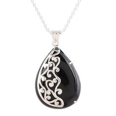 There's something about a polished black onyx gemstone that is almost otherworldly. Indian artisan Babun Dey masterfully designs and crafts this polished, black onyx stone into an incredible pendant necklace, setting it against a highly polished 925 sterling silver cage setting. Half of the stone is set behind the stunning silver, while the other half is laid bare, its infinite black depths hanging prominently around your neck. Onyx Pendant, Black Onyx Stone, Sterling Silver Necklace Pendants, Onyx Stone, Pretty Jewellery, Silver Pendant Necklace, Jewelry Gift Box, Sterling Silver Pendant, Free Jewelry