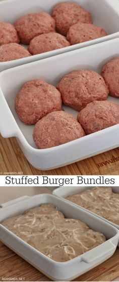 three different views of food in pans on a wooden table with text overlay that reads stuffed burger bundles