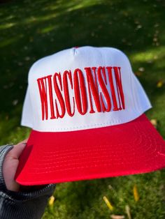 Two tone high profile cap with Wisconsin Stretch 3D embroidery. 3d Embroidery, Wisconsin, Two Tone, Embroidery, Red, White