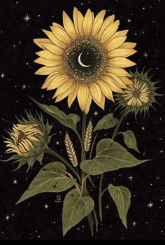 a painting of a sunflower with the moon in the background and stars above it