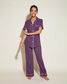 Our famous Bella PJs original fit short sleeve top and long pants lounge and sleepwear set. Super soft Peruvian Pima cotton and modal set with contrast or tonal satin piping. Classic, original fit. Short sleeve, fitted button down top with patch pocket. Straight leg pants with elastic waistband. Cold water wash and hang to dry. Do not dry in dryer. Womens Pjs, Top And Pants Set, Sleepwear Sets, Sleepwear & Loungewear, Cotton Set, Menswear Inspired, Pima Cotton, Long Pants, Short Sleeve Top