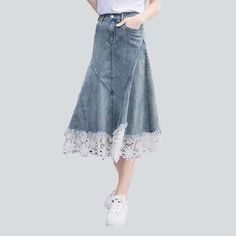 Get ready to make a statement with our 2023 Spring-Summer Collection's denim skirt. crafted with the perfect blend of street style and vintage charm!Why It's Destined to Be Your New FavoriteDesigned with a flattering A-line cut. this skirt is crafted with a high-waist for a timeless look and is adorned with intricate lace embroidery. adding a unique touch. Its extended length and medium wash exude a classic elegance. making it an indispensable addition to your fashion-forward wardrobe.Exquisite Denim Skirt Jeans For Spring, Chic Lace Patchwork Skirt, Fitted Lace Patchwork Bottoms For Spring, Spring Skirt With Lace Patchwork, Chic Skirt With Frayed Hem For Spring, Spring Fitted Skirt With Lace Patchwork, Fitted Lace Patchwork Skirt For Spring, Cotton Bottoms With Lace Patchwork For Summer, Casual Lace Patchwork Bottoms For Summer