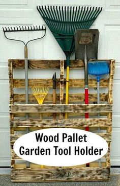 wooden pallet garden tool holder with gardening tools