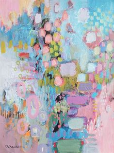 an abstract painting with lots of different colors and shapes on it's surface, including flowers