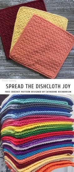 crocheted dishcloths are stacked on top of each other in different colors