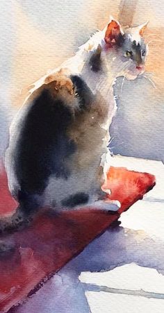 a watercolor painting of a cat sitting on top of a red piece of furniture