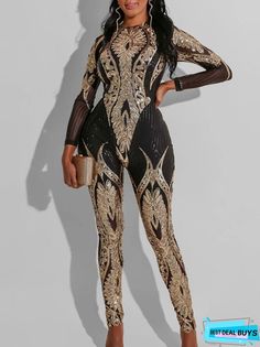 Material: Made of 51-70% Polyester Spandex. Soft, stretchy, and comfortable.Features: Sheer mesh, long sleeves, round neck, print, bodycon one-piece jumpsuits.Style: Casual, Clubwear. Gold Sequin Jumpsuit, Monday Wear, Club Romper, Long Sleeve Jumpsuits, Culture Clothes, Black Art Ideas, Bandage Jumpsuits, Mesh Jumpsuit, Rompers Womens Jumpsuit