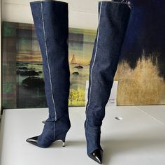 - Designer = Giuseppe Zanotti - Size = 6m(36). Trunk 10 - Color = Blue - Msrp = $1695 - Giuseppe Zanotti All Over Denim Side Functional Button 6m(36) Knee Hi Boots - Made In Italy -8heel Height = Approximately 4.25” Inches - Height Measured At Top Tip Of Boots To Bottom Tip Of Heel= Approximately 69.5cm - Circumference Measured At Top Tip Of Boots All Around = Approximately 45cm - Circumference Measured At Shin Area = Approximately 37cm - Genuine And Authentic Or Your Money 4back Trunk 10 Chic Denim Blue High Heel Boots, Fitted Denim Boots With Pointed Toe, Denim Blue Pointed Toe Party Boots, Party Denim Blue Pointed Toe Boots, Denim Blue Party Boots, Fitted Denim Blue Boots For Party, Chic Fitted Denim Blue Boots, Fitted Denim Blue Party Boots, Designer Fitted Boots For Spring