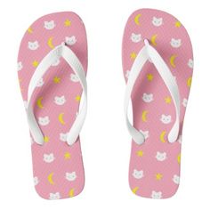 kitty Cat Moon And Stars Flip Flops  $29.95  by Nimmii  - cyo customize personalize unique diy Kawaii Flip Flops, Playful Summer Vacation Flip Flops, Cute Non-slip Flip Flops For Swimming, Adjustable Cute Flip Flops For Summer, Cute Adjustable Flip Flops For Summer, Playful White Slippers For Summer, Adjustable Cute Flip Flops For Vacation, Personalized Flip Flops, Pink Cheetah Print