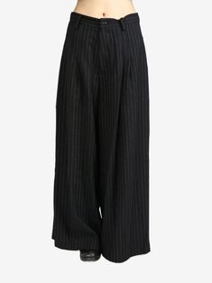 black wool-cotton blend pinstripe pattern flared belt loops pleat detailing concealed fly and button fastening two side slit pockets rear welt pocket Black Palazzo Pants, Pinstripe Pattern, Fall 24, Pinstripe Pants, Cotton Trousers, City Dress, Bell Bottom Pants, Iconic Bags, Pleated Pants