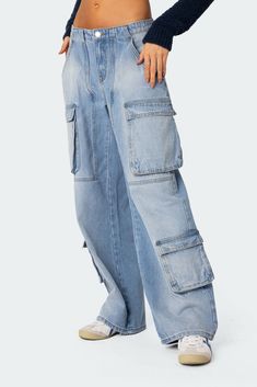 Jeans Utility style pockets Low rise waist Denim fabric 100% Cotton Model wears size S Model height is 5'7 Item care: Wash with similar color Wed Leg, Jean Collection, Utility Style, Denim Cargo, Swimwear Dress, Cargo Jeans, Casual Clothing, Baggy Jeans, Denim Fabric