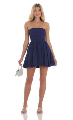 Strapless Bubble Dress in Indigo | LUCY IN THE SKY Dresses For Bat Mitzvah Guest, Blue Dresses Mini, Strapless Navy Blue Dress, Blue Semi Formal Dresses Short, Dark Blue Hoco Dress Short, Promotion Dresses 8th Grade, Pref Dresses, Navy Hoco Dress, Dark Blue Hoco Dress