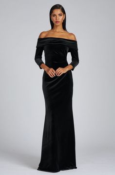 Off The Shoulder Stretch Velvet Portrait Collar Column Gown Off The Shoulder Gown Evening Dresses, Groom Black Tie, Dresses Tea Length, Black Velvet Gown, Form Outfits, Proper Attire, 6th Form, Evening Gowns With Sleeves, Dark Dress