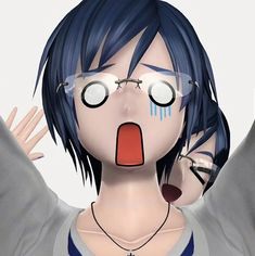 an animated woman with blue hair and glasses making a surprised face