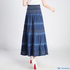 Orcajump - Loose-Fit Denim Maxi Skirt with a Wide Flare Denim Capri Pants, Long Denim Skirt, Midi Denim, Flowy Design, Elastic Waist Skirt, Denim Maxi, Sophisticated Dress, Floor Length Gown, Denim Maxi Skirt