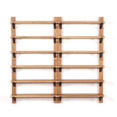 a wooden shelf with several shelves on it