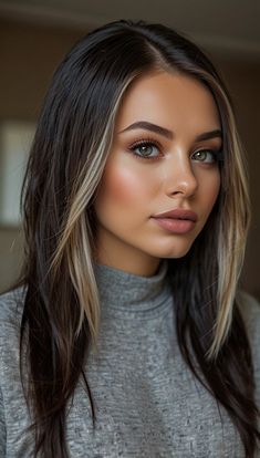 Underneath Hair Highlights, Long Money Piece Hair, Winter Hair Color Medium Length, Mid Length Hair Curls, Crown Highlights On Dark Hair, Haircut Ideas For Brunettes, Front Highlights Brown Hair Face Framing, Blonde On Black Hair, Hairstyles For Long Brown Hair