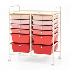 a cart with many different colored bins on it's sides and two handles