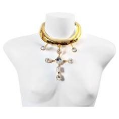 Vintage Christian Lacroix Gold Diamante Long Choker Circa 1990s. This stunning and well made choker with various shapes of crystals is so chic and actually detaches from the gold rigid choker so you could wear it on a black silk cord or another gold chain should you choose. This is pure Lacroix at his height. The look will immediately say Lacroix. The choker is rigid as are all the parts. For the sizing. The neck opening is 4" wide. The middle of that goes to 4.5" doubling that gives plenty of s Shapes Of Crystals, Luxury Vintage Choker Necklace, Luxury Gold Statement Choker, Christian Dior Necklace Vintage, Vintage Christian Dior Necklace, Christian Lacroix Jewelry Vintage, Dope Jewelry Accessories, Vintage Versace, Paris Vintage