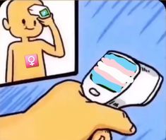 a hand holding a cell phone in front of a mirror with an image of a man brushing his teeth