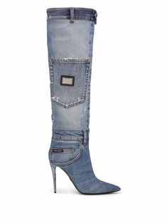 Patchwork Boots, Boots Store, Knee Length Boots, Dolce And Gabbana Blue, Dolce Gabbana Shoes, Denim Boots, Patchwork Denim, Pointed Toe Boots, Stiletto Boots