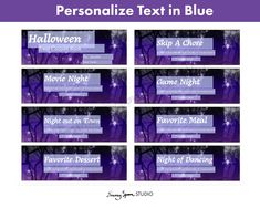 four purple and white banners with the words'personalize text in blue'on them