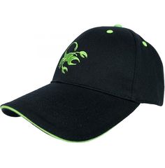 a black baseball cap with neon green lizard embroidered on the front and side panels, along with an adjustable visor