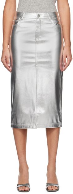 Coated faux-leather skirt. · Paneled construction · Belt loops · Five-pocket styling · Zip-fly · Central vent at front hem · Full faux-suede lining · Logo-engraved silver-tone hardware · Contrast stitching in white Supplier color: Silver Silver Metallic Skirt, Faux Leather Midi Skirt, Silver Skirt, Leather Midi Skirt, Metallic Skirt, Faux Leather Skirt, Faux Suede, Leather Skirt, Apparel Accessories