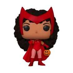 a pop vinyl figurine is shown with a red cape and black hair, holding a pumpkin