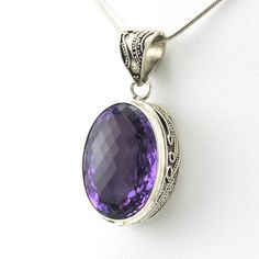 Sterling Silver Amethyst 17x24mm Oval Bali Pendant Sterling Silver Jewelry With Large Oval Cabochon Stone, Classic Oval Cabochon Amethyst Jewelry, Elegant Oval Amethyst Pendant Jewelry, Sterling Silver Jewelry With Large Oval Stone Pendant, Silver Oval Pendant Jewelry With Large Stone, Purple Oval Spiritual Jewelry, Spiritual Oval Purple Jewelry, Spiritual Purple Oval Jewelry, Silver Gemstone With Large Oval Pendant